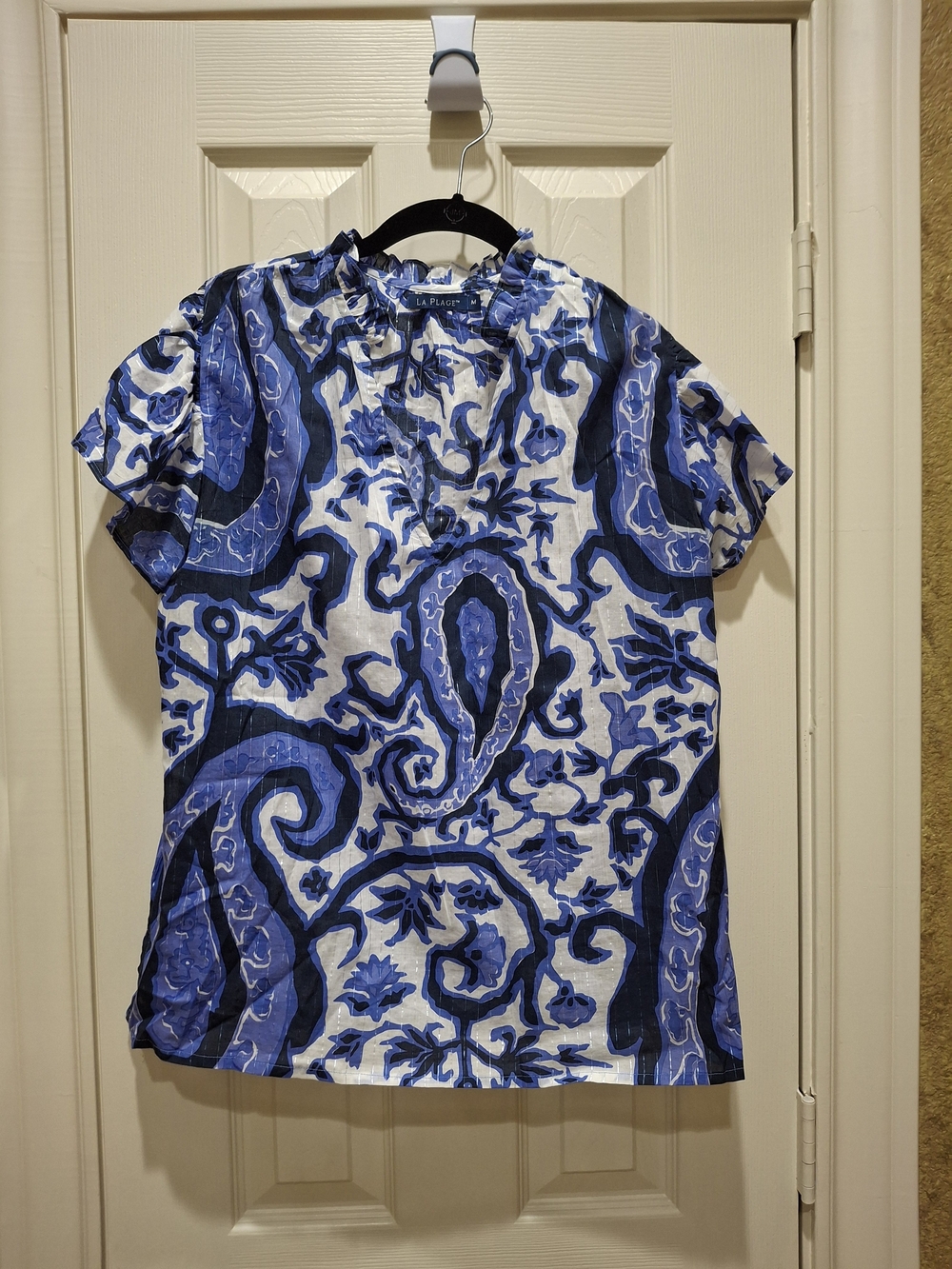 La PLage Ruthie Ruffle Blue & White Paisley Print Short Sleeve Blouse